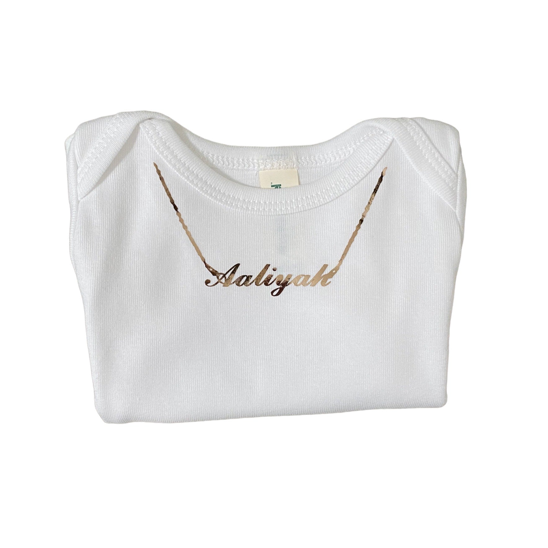 Starter Bling organic baby toddler onesie bodysuit with name initial necklace gold silver platinum rose gold jewelry unique personalized special gift custom