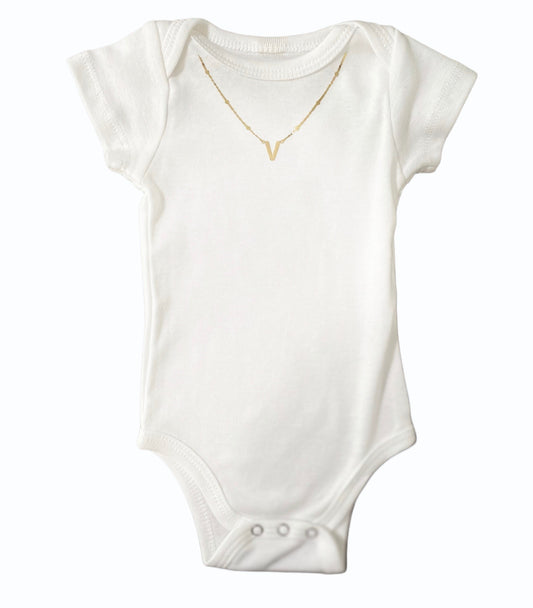 Starter Bling organic baby toddler onesie bodysuit with custom name initial necklace gold silver platinum rose gold jewelry unique personalized special gift bougie 