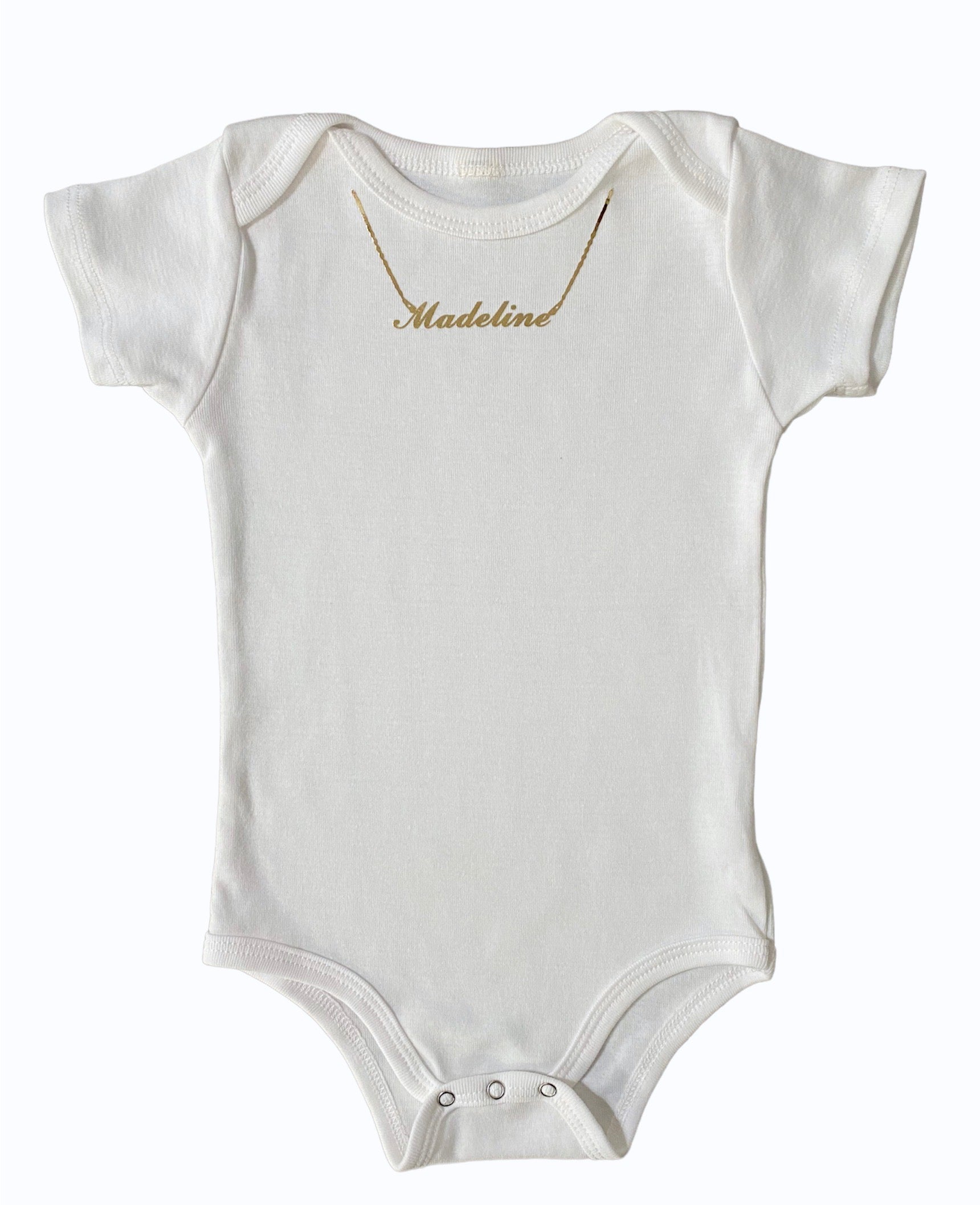 Starter Bling organic baby toddler onesie bodysuit with name initial necklace gold silver platinum rose gold jewelry unique personalized special gift custom